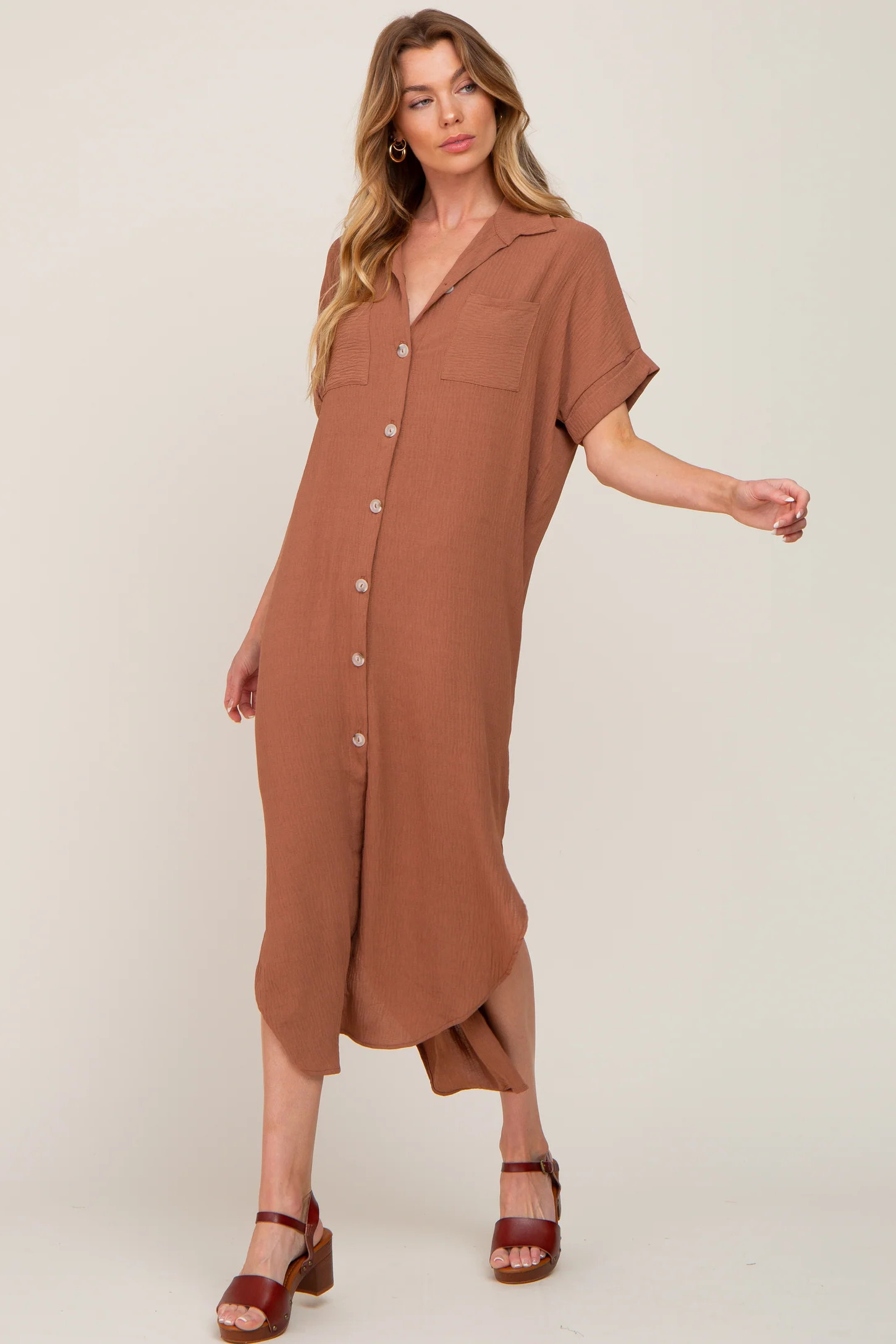 Camel Button Down Hi Low Maxi Dress | PinkBlush Maternity