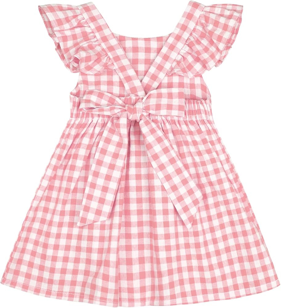 AGQT Baby Girls Plaid Dress Flutter Sleeve Gingham Spring Summer Dresses Size 6M-8T | Amazon (US)