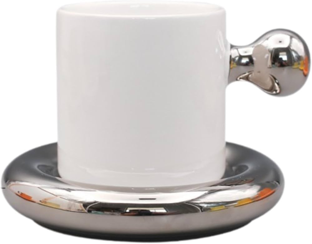 Chubby Mug Saucer Set 300ml Teacup Ceramic Mug Cup Coffee Cup for Party Drinks, silver white | Amazon (US)