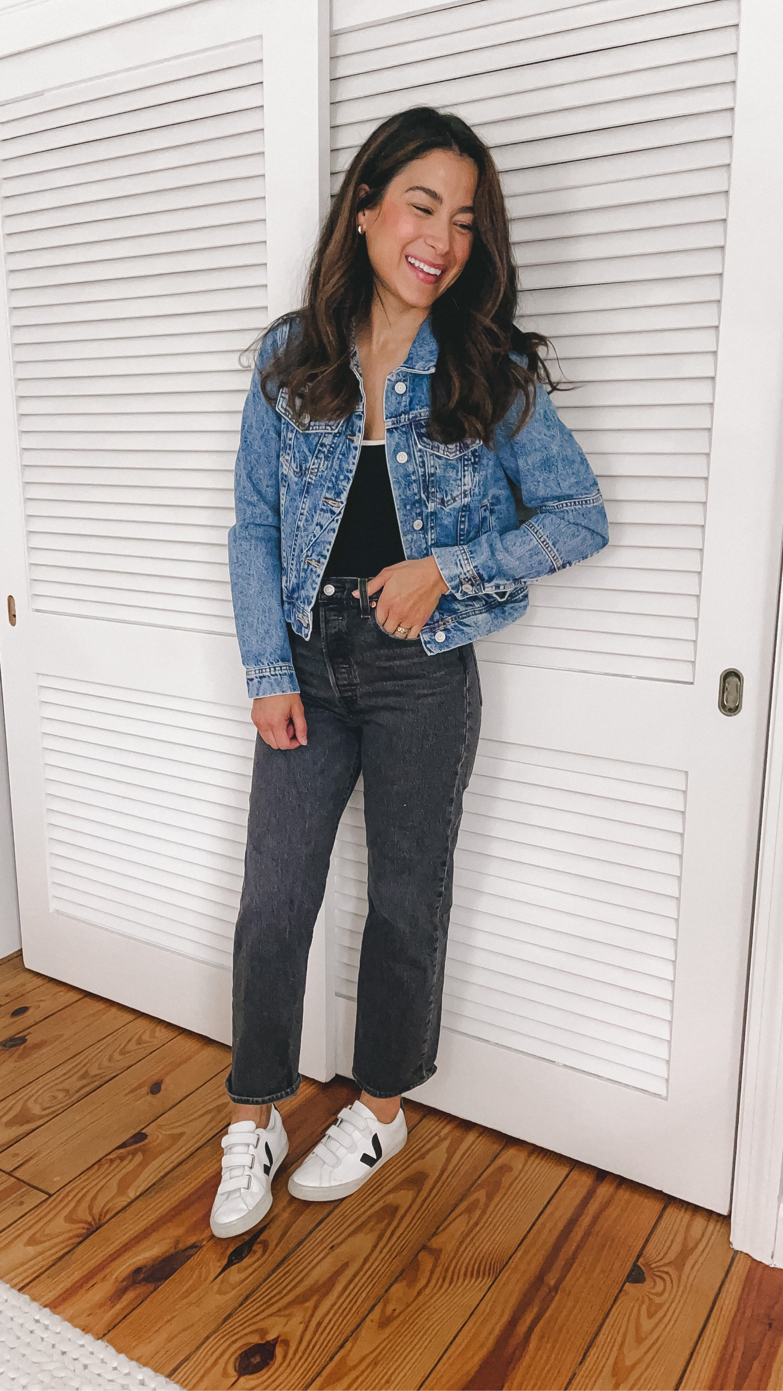 Outfit idea with black jeans and black bodysuit, free people denim jacket, Veja sneakers 



#LTKunder100 #LTKstyletip #LTKunder50