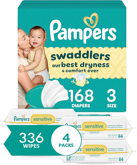 Diapers Size 3, 168 Count and Baby Wipes - Pampers Swaddlers Disposable Baby Diapers and Water Ba... | Amazon (US)