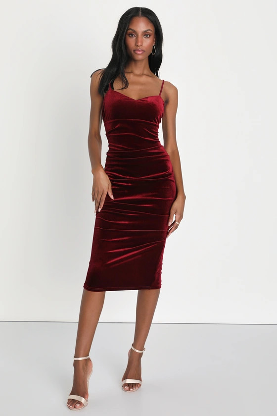Plush Personality Wine Red Velvet Ruched Bodycon Midi Dress | Lulus