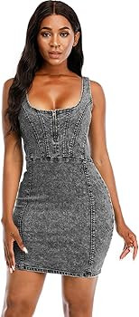 Women's Denim Dress Sexy V Neck Bodycon Sleeveless Jeans Short Dresses | Amazon (US)