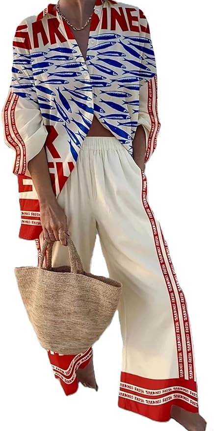 Melliflo Womens Vintage Graffiti 2 Piece Outfits Long Sleeve Button Down Shirt Wide Leg Pant Set ... | Amazon (US)