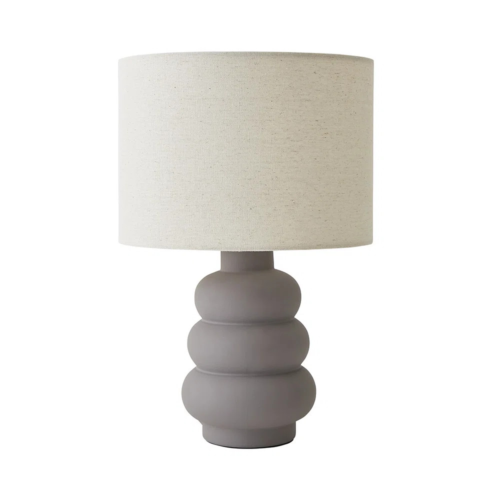 Rochelle Natural Linen Drum Shade Grey Bubble Stack Ceramic Stoneware Table Lamp | Wayfair UK