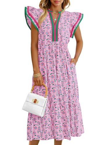 Wenrine Women's Cap Sleeve Midi Dress Summer Floral V Neck Flowy Boho Casual Beach Vacation Dresses Pink | Amazon (US)
