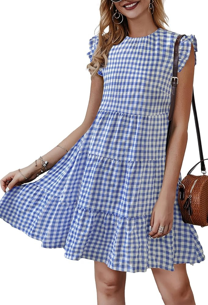 KIRUNDO 2023 Women's Summer Dress Sleeveless Ruffle Sleeve Round Neck Mini Dress Solid Loose Shor... | Amazon (US)
