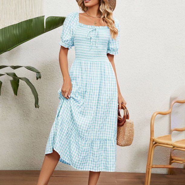 SELONE Casual Dresses for Women 2023 Summer Short Sleeve Gingham Square Neck Fashion Lattice Susp... | Walmart (US)