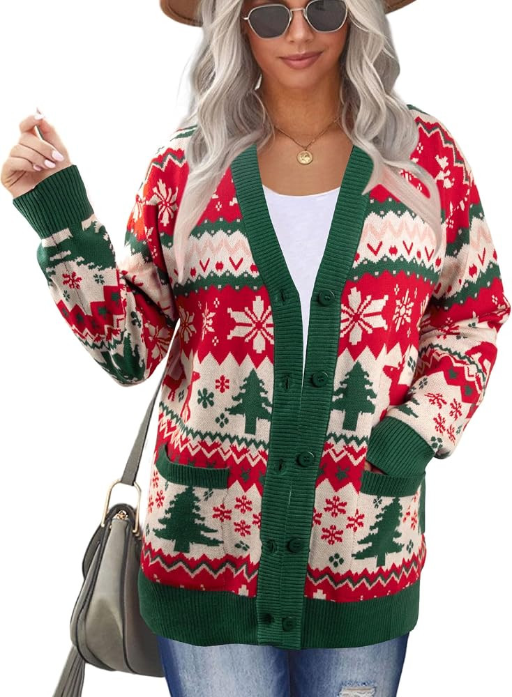 Ugly Christmas Cardigan Sweaters for Women Button Down Sweaters with Pockets Open Front Knit Card... | Amazon (US)