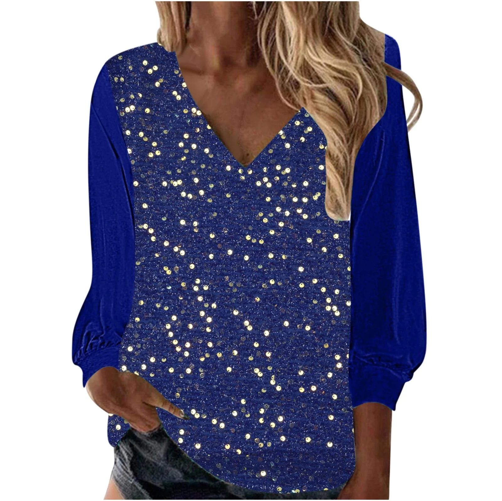 Long Sleeve Blouses for Women Cotton Linen Colorful Womens Tops Dressy Fall V-Neck Sequin Bead Pa... | Walmart (US)