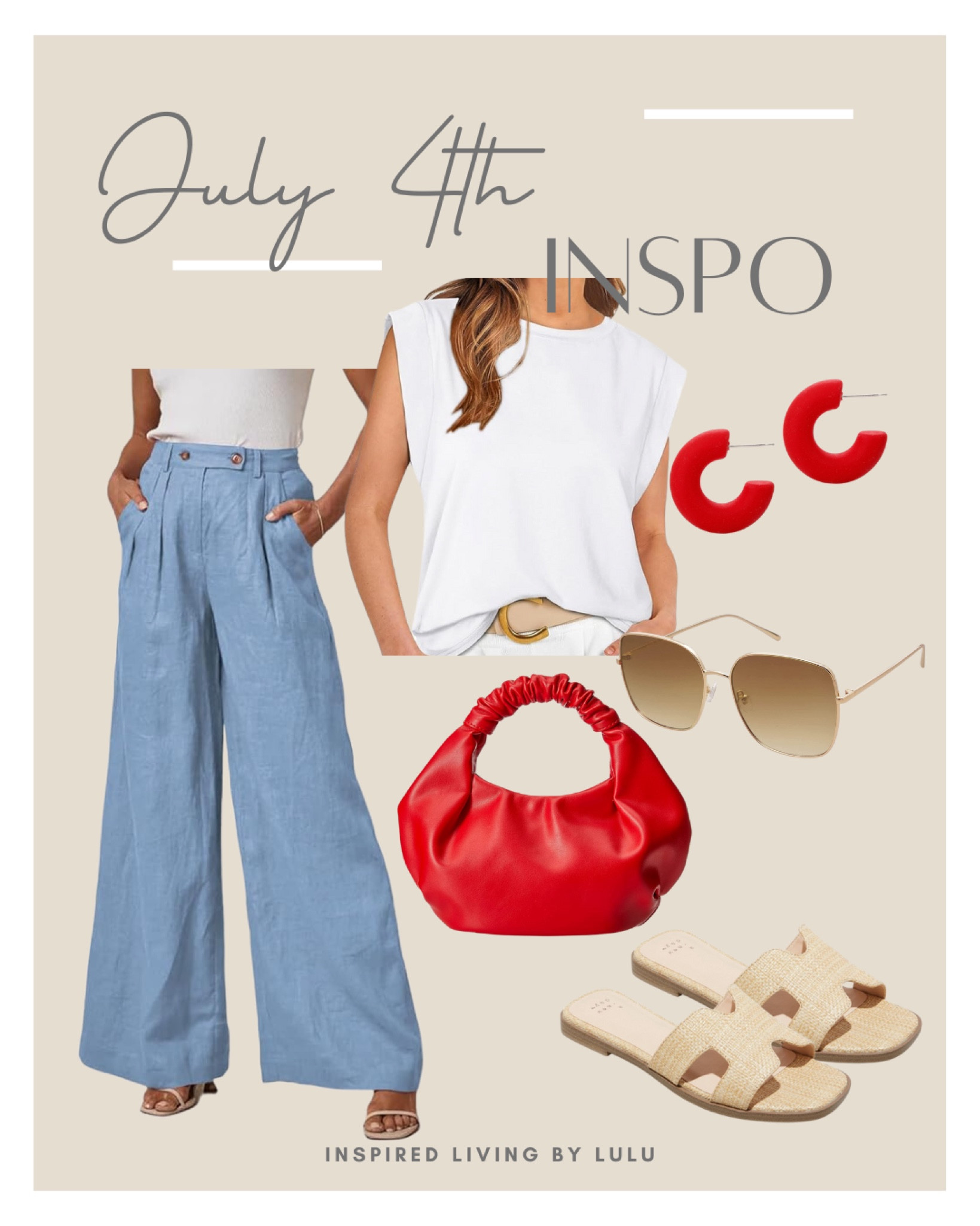 Declare independence from boring holiday looks! This all-American ensemble brings lightweight linen pants in a crisp blue hue, a classic white cotton top, and patriotic pops of red from oversized sunnies and statement earrings. Slide into the comfy sandals and celebrate in breezy, head-turning style. 

Amazon | Target

#LTKSeasonal #LTKSummerSales #LTKStyleTip
