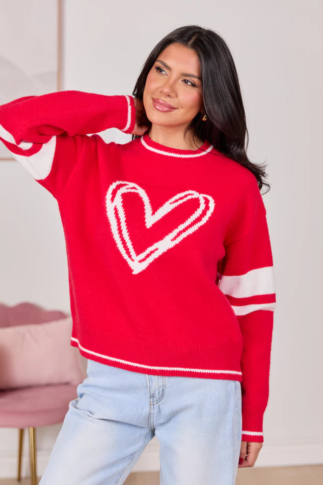 Brynn Red And Ivory Heart Varsity Crewneck Sweater | Pink Lily