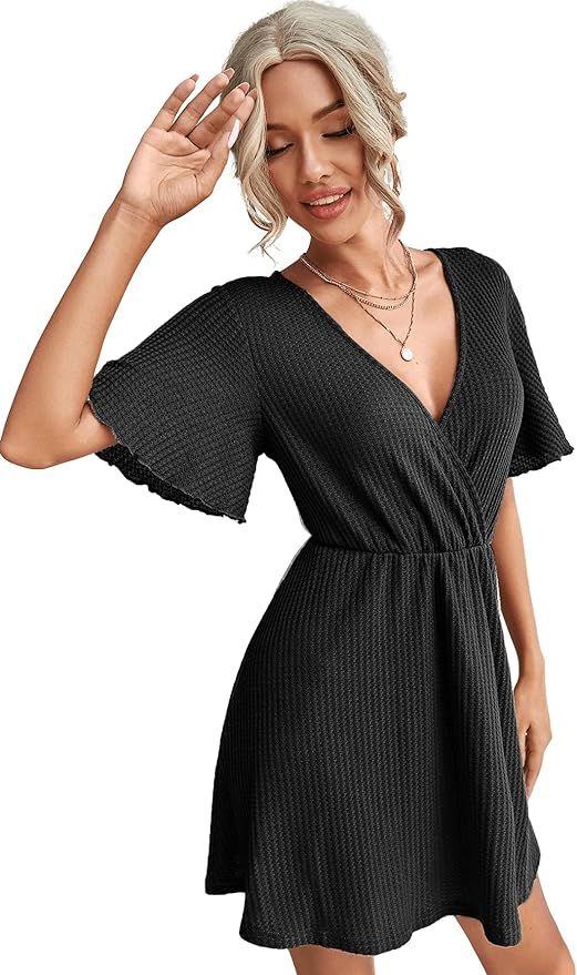 Romwe Women's Short Sleeve V Neck All Over Print High Waist A Line Summer Short Dress | Amazon (US)