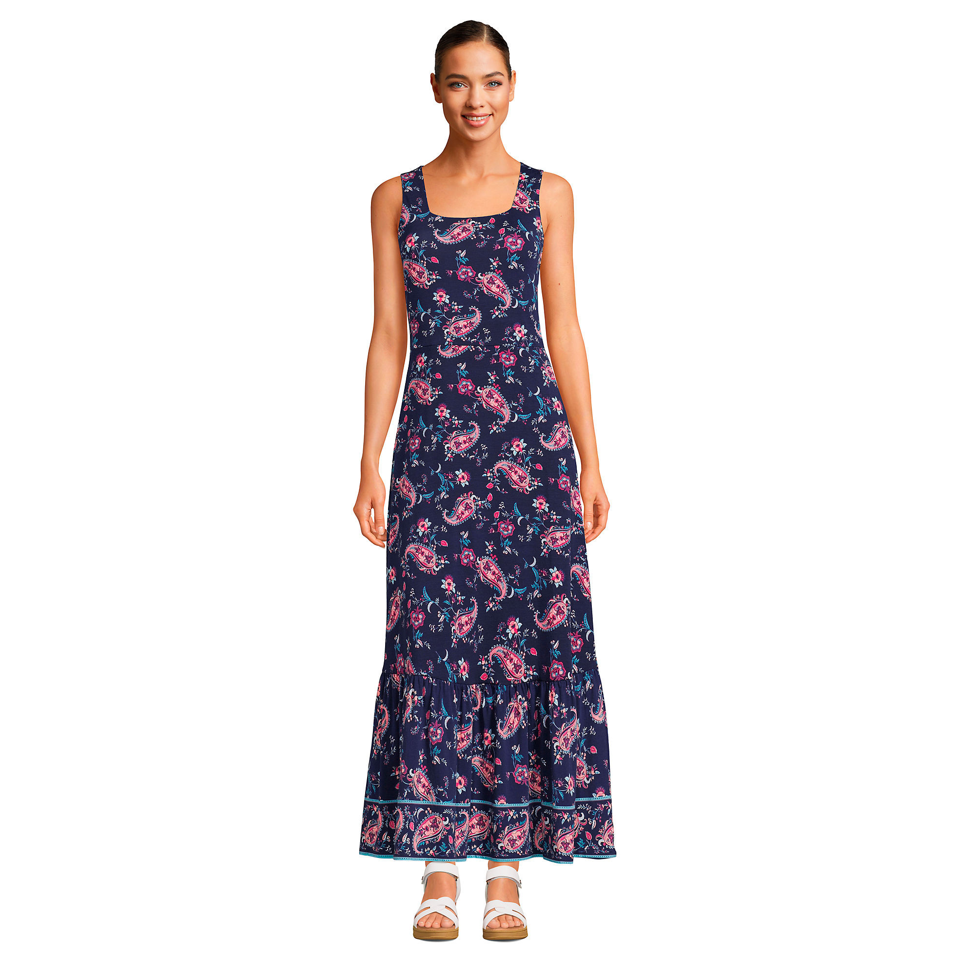 Women's Cotton Modal Square Neck Tiered Maxi Dress | Lands' End (US)