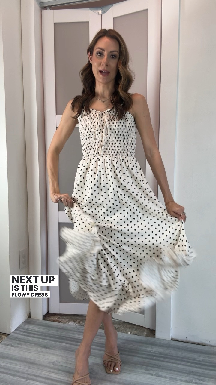 Promo code: 05P3711Z for 5% off of the dress in addition to a 38% off prime day deal making it $31.21  
This polka dot dress is a top seller on Amazon and I have it in three other floral colors so I’m a part of the problem 😆. It’s so cute and comfy! The straps are adjustable via buttons on the back, it has ruching all around the middle for comfort, and it’s lined to the knee. I love the thicker shoulder straps and the layered ruffle at the bottom. The drawstring at the top is just for decoration. I’m wearing a small. If in between sizes, you can size down. Great for wedding guest dress, brunch, dressy day events, date night, etc. 

#LTKParties #LTKSaleAlert #LTKVideo