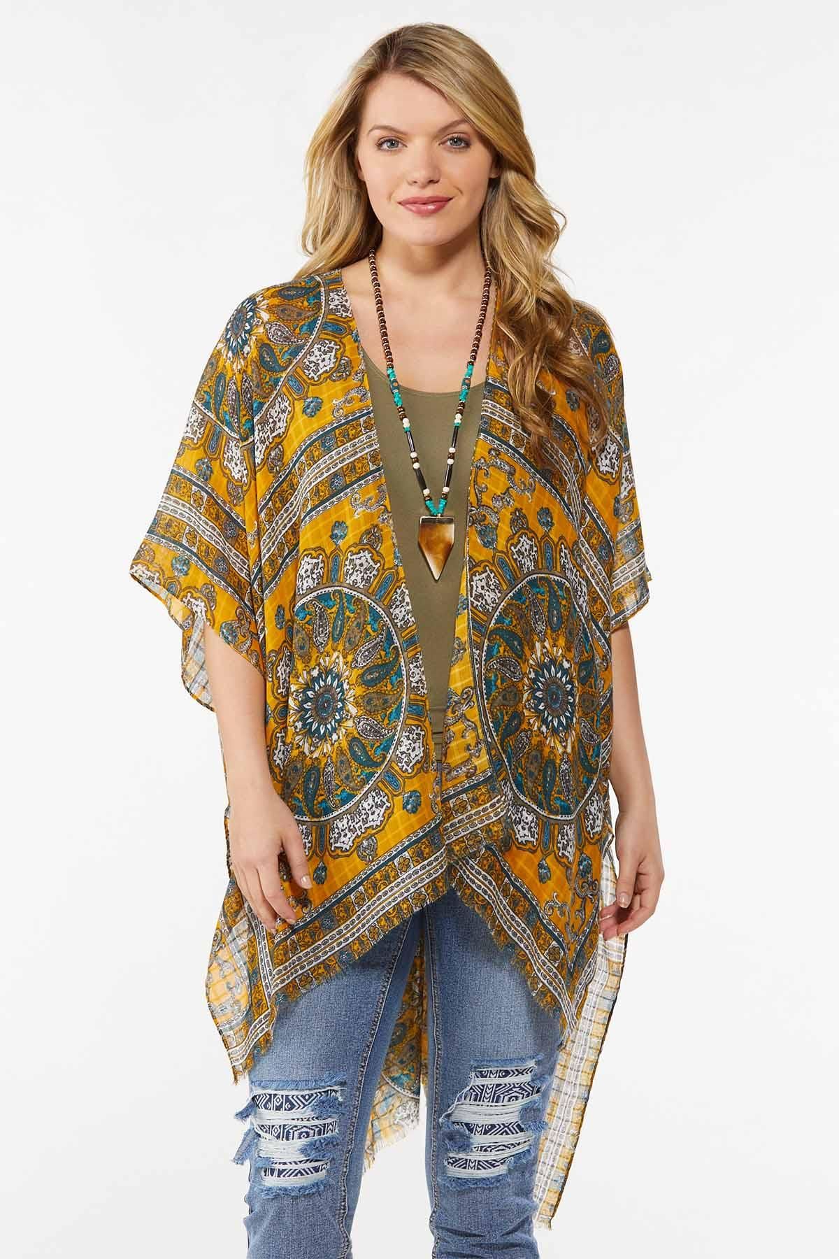 Golden Scarf Print Kimono | Cato Fashions