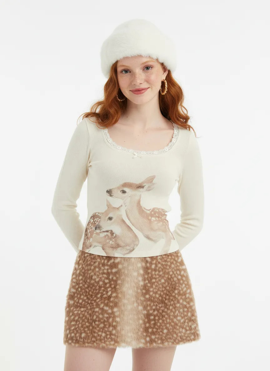 Knit Fabric Deer Graphic Scoop Neckline Long Sleeve Lace Trim Bowknot Tee For Daily Casual | Cider