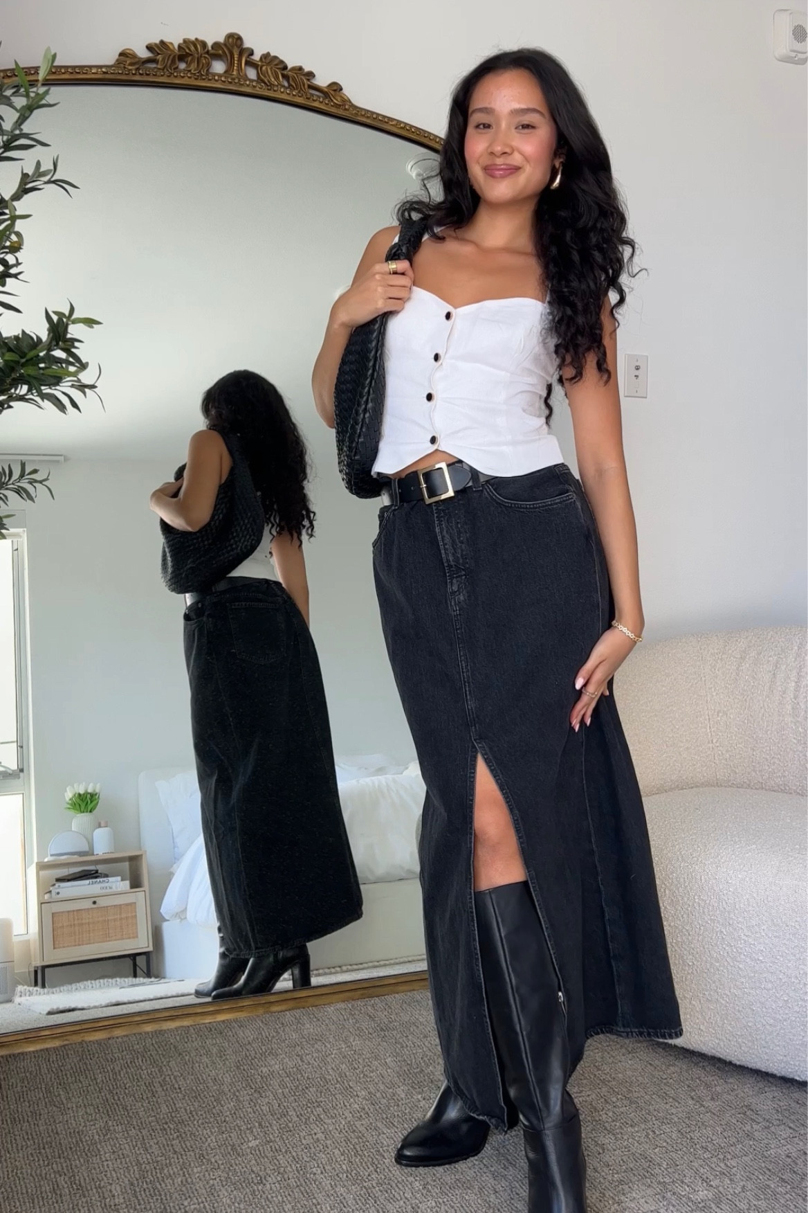 denim midi skirt fall outfit inspo! paired with knee high boots and a reformation vest top 

#LTKitbag #LTKSeasonal #LTKstyletip