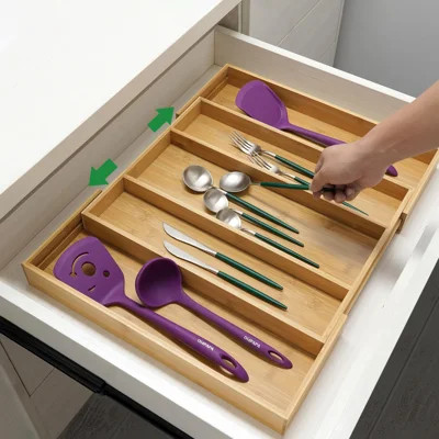 Bamboo Expandable Kitchen Drawer Organizer, Adjustable Utensil Holder And Cutlery Tray Organiser, Drawer Divider | Wayfair North America