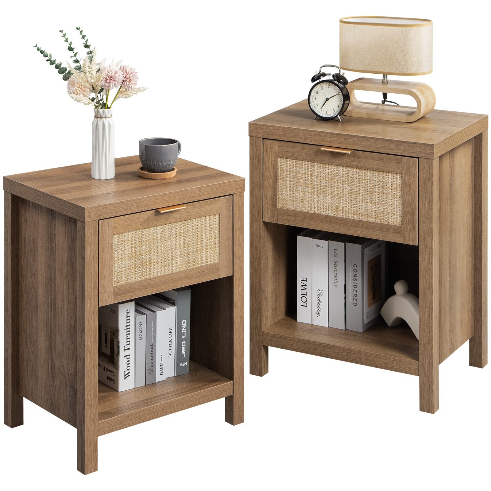 SICOTAS Rattan Nightstands Set of 2 Night Stand Oak | Amazon (US)