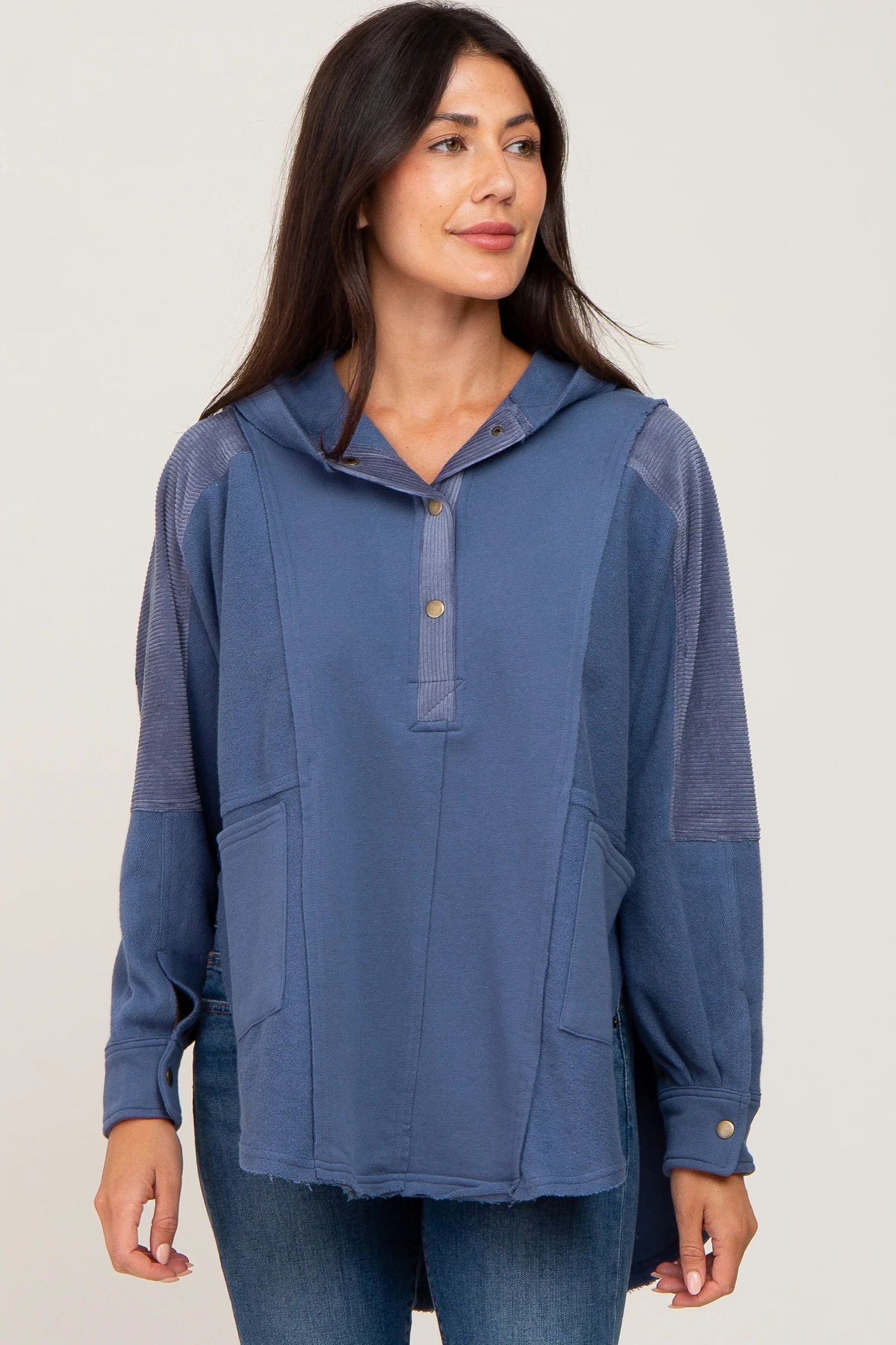 Blue Soft Mixed Knit Button Front Hooded Top | PinkBlush Maternity