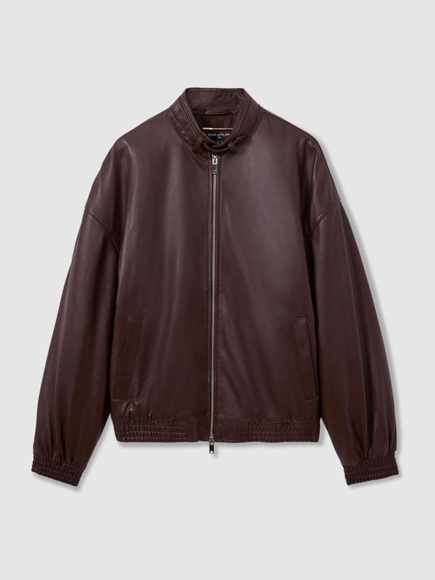 Reiss Atelier Leather Latched-Collar Bomber Jacket in Berry - REISS | Reiss UK