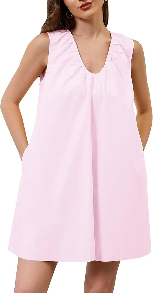 Livtany Women's Scoop Neck Babydoll Cute Mini Dress Flowy Sleeveless Short Dress Ruched Loose Fit... | Amazon (US)