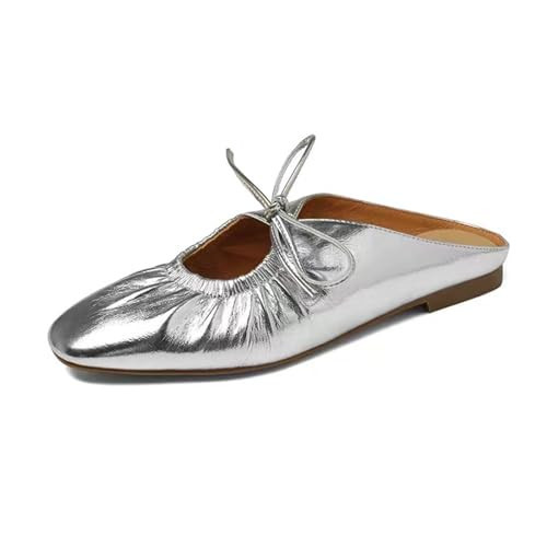 Women's Wrinkled Leather Lace Up Flat Mules Fashion Closed Square Toe Slip-On Slingback Ballet Flats Comfortable Casual Dressy Date Office Work Shoes Silver | Amazon (US)