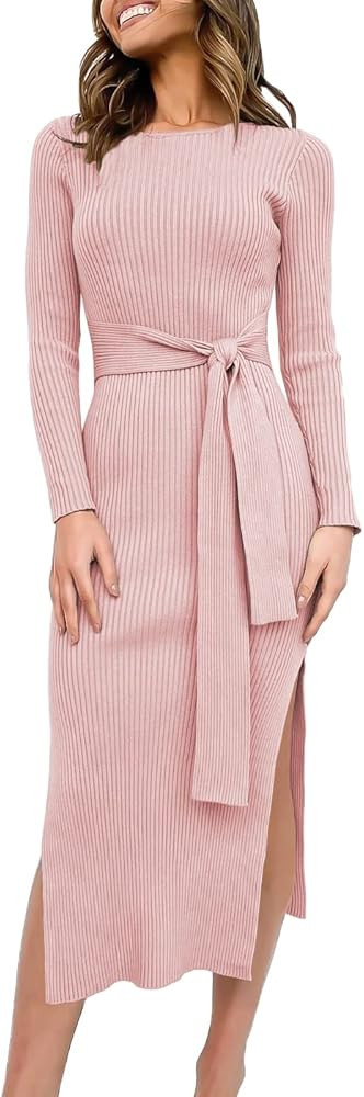 Caracilia Women's Crew Neck Long Sleeve Midi Sweater Dress Elegant Side Slit Bodycon Dress with B... | Amazon (US)