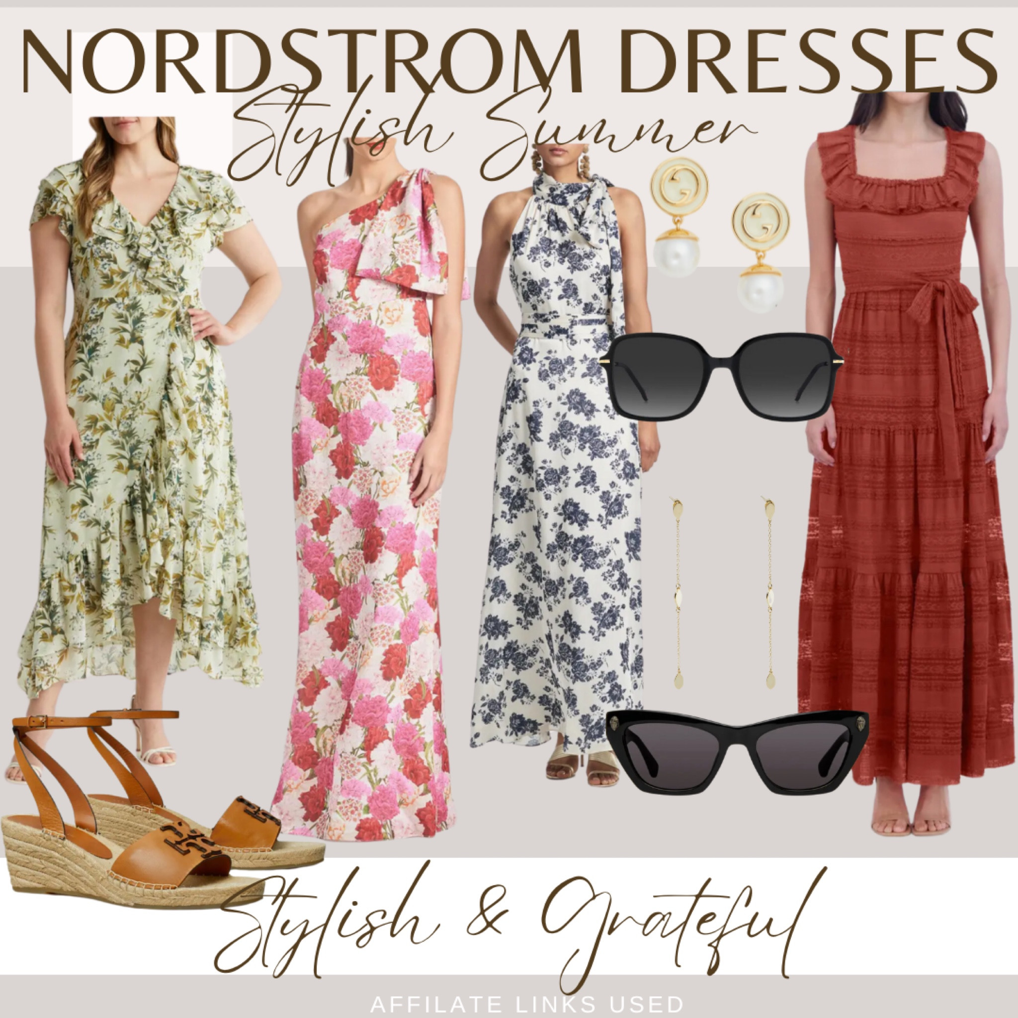 Elevate your summer wardrobe with these stunning dresses from Nordstrom. Perfect for any occasion, these dresses offer a mix of floral and solid designs that are both stylish and comfortable. The first dress features a delicate green floral print with a high-low hem, paired beautifully with tan espadrille wedges. The second dress is a vibrant pink floral one-shoulder gown, perfect for a statement look. The third dress showcases a classic blue floral halter design for a sophisticated touch. Lastly, the rust-colored maxi dress with ruffle details offers a boho-chic vibe. Accessories include pearl drop earrings, sleek black sunglasses, and elegant gold earrings to complete these looks. Shop these beautiful summer dresses now! #StylishAndGrateful #SummerFashion #NordstromDresses #FashionInspiration #AffiliateLinks

#LTKMidsize #LTKOver40 #LTKSummerSales