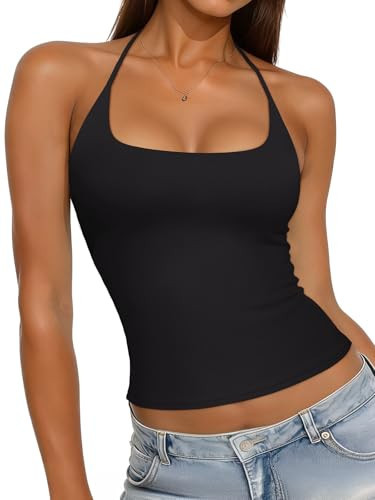 REORIA Womens Sexy Halter Backless Tank Tops Square Neck Camisole Crop Tops Basic Double Lined Sleeveless Shirts Y2K Trendy Going Out Tops, Black X-Large | Amazon (US)