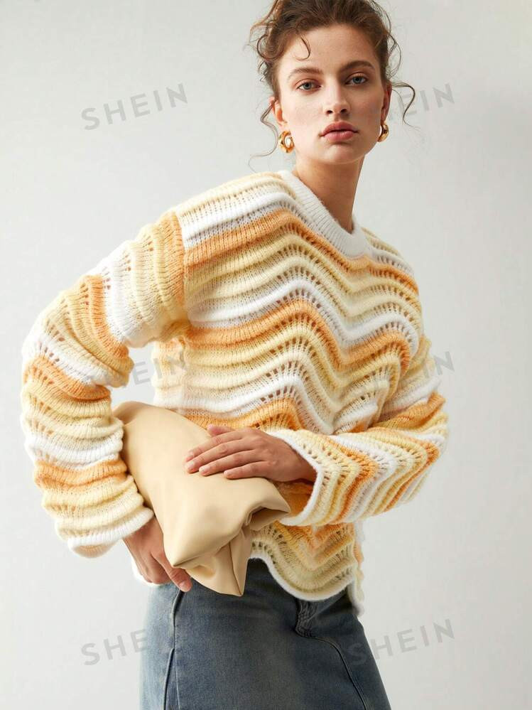 Anewsta Striped Pattern Pointelle Knit Drop Shoulder Sweater | SHEIN