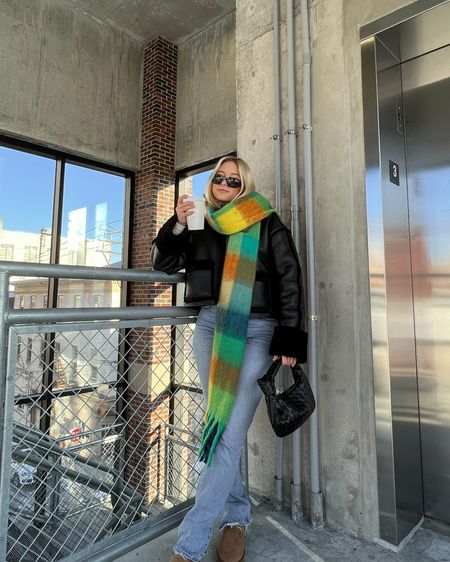 Blanket scarf, acne studios scarf, Abercrombie jeans, Abercrombie denim, Abercrombie style, split hem denim, ugg boots, mini uggs, winter outfits, casual winter outfits, casual winter style