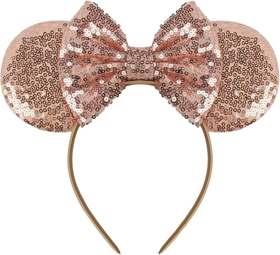 YanJie Rose Gold Sequin Mouse Ear Bow Sparkle Hairbow Cosplay Girl Women Hairband | Amazon (US)