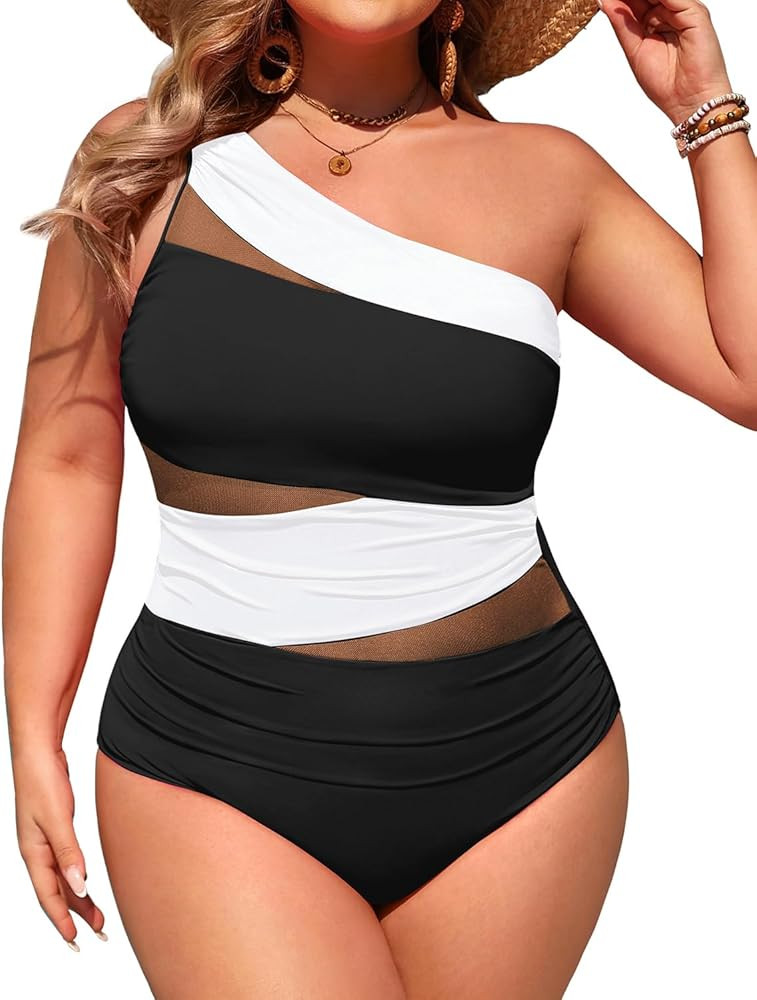 Aqua Eve Plus Size One Piece Swimsuit for Women Tummy Control Bathing Suits One Shoulder Swimwear | Amazon (US)