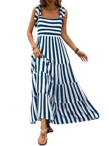 PRETTYGARDEN Womens Dresses 2025 Summer Striped Sleeveless Maxi Dress Casual Spaghetti Strap Tiered Flowy Beach Long Dress(Striped Blue White,Large) | Amazon (US)