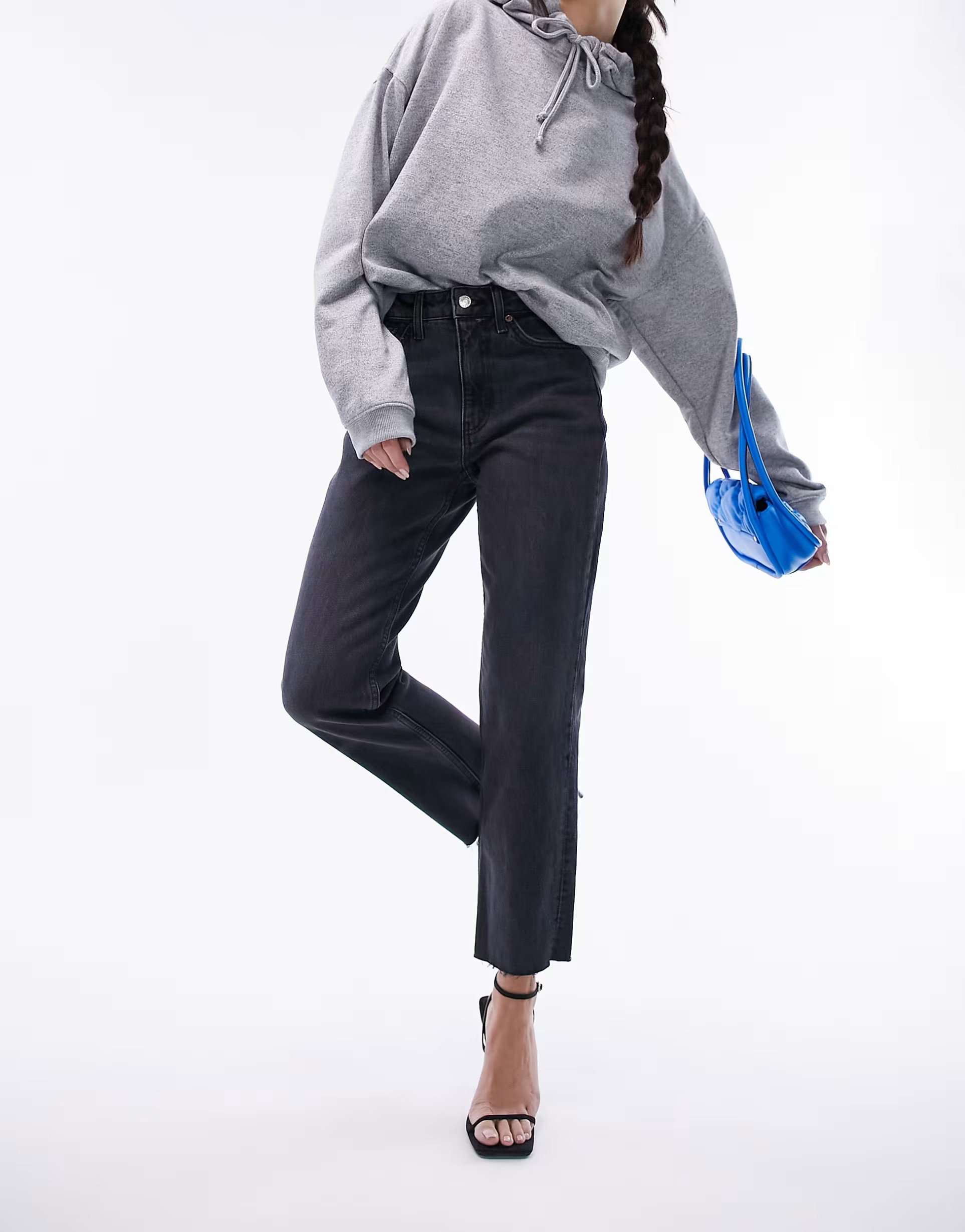 Topshop straight jeans with raw hem in washed black | ASOS (Global)