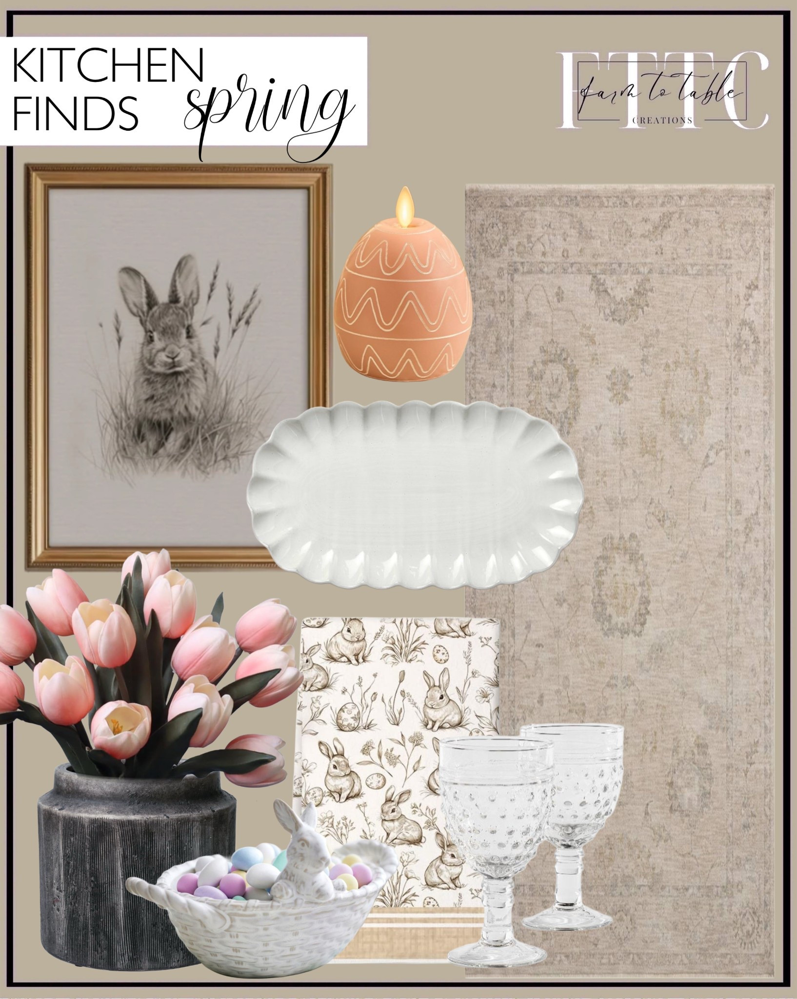 Curated Kitchen Finds. Follow @farmtotablecreations on Instagram for more inspiration.

Vintage Easter Bunny Print. Kitchen Towels. Faux Tulips. Stoneware Serving Tray. Better homes & Gardens Alexander Ceramic Vase. Loloi Chris Loves Julia Louisa Collection LOI-02 Oatmeal/Slate Area Rug. Bunny Candy Bowl. Hobnail Goblet. Flameless candle. 

Kitchen finds | Bedroom Furniture | nightstands | Home Decor| Fireplace Decor | Spring Refresh |  Bedroom Finds | Neutral Stems | Spring Stems | Bookshelf Decor | Bedroom Space | Cozy  Corner | Bathroom | Curated Entryway | Spring  Decor | End of Year Clearance | Trending Decor | Viral Decor  | Coffee Table Decor | Neutral Decor | Fall Stem Sale | Target Finds | Skinny Bench | Bedroom | Living Room | Breakfast Nook | Amazon Home | Target Sale | Loloi Rugs | Magnolia Home | console table | console table styling | faux stems | entryway space | front porch decor | neutral decor | entryway decor | cozy home | affordable decor |  home decor | home inspiration | console styling | entryway rug | cozy moody home | moody home decor | neutral home | bathroom decor | living room | spring decor | Hearth & Hand | Studio McGee | 2025 Home Trends | trending home 




#LTKSaleAlert #LTKHome #LTKFindsUnder50