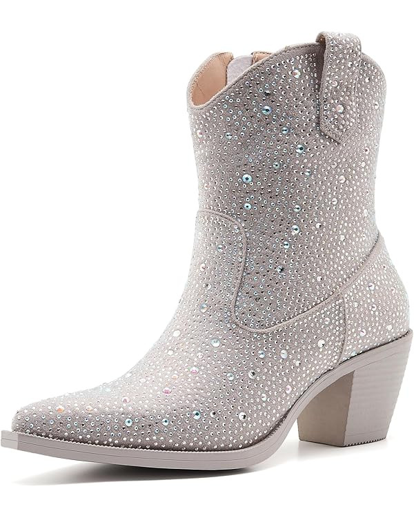 Women's Rhinestone Cowboy Boots Thick Root High Heel Pointed Toe Sparkling Cowgirl Boots | Amazon (US)