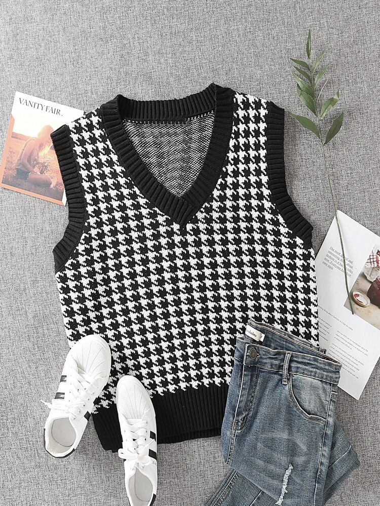 V-neck Houndstooth Pattern Sweater Vest | SHEIN