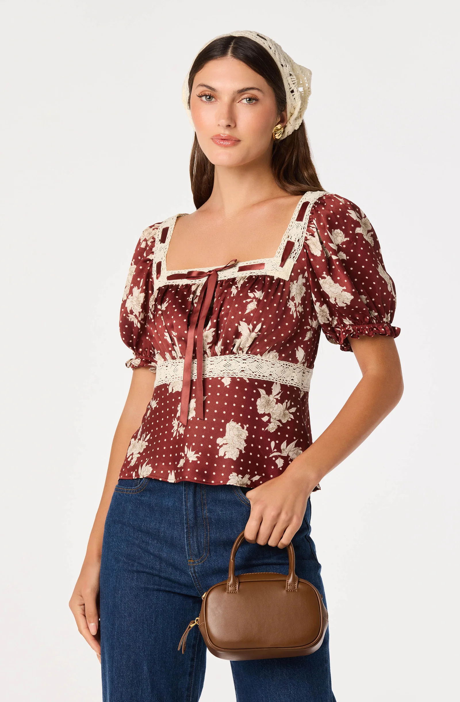 Kristal Floral Milkmaid Top - Wine polka dot / XS | ASTR The Label (US)