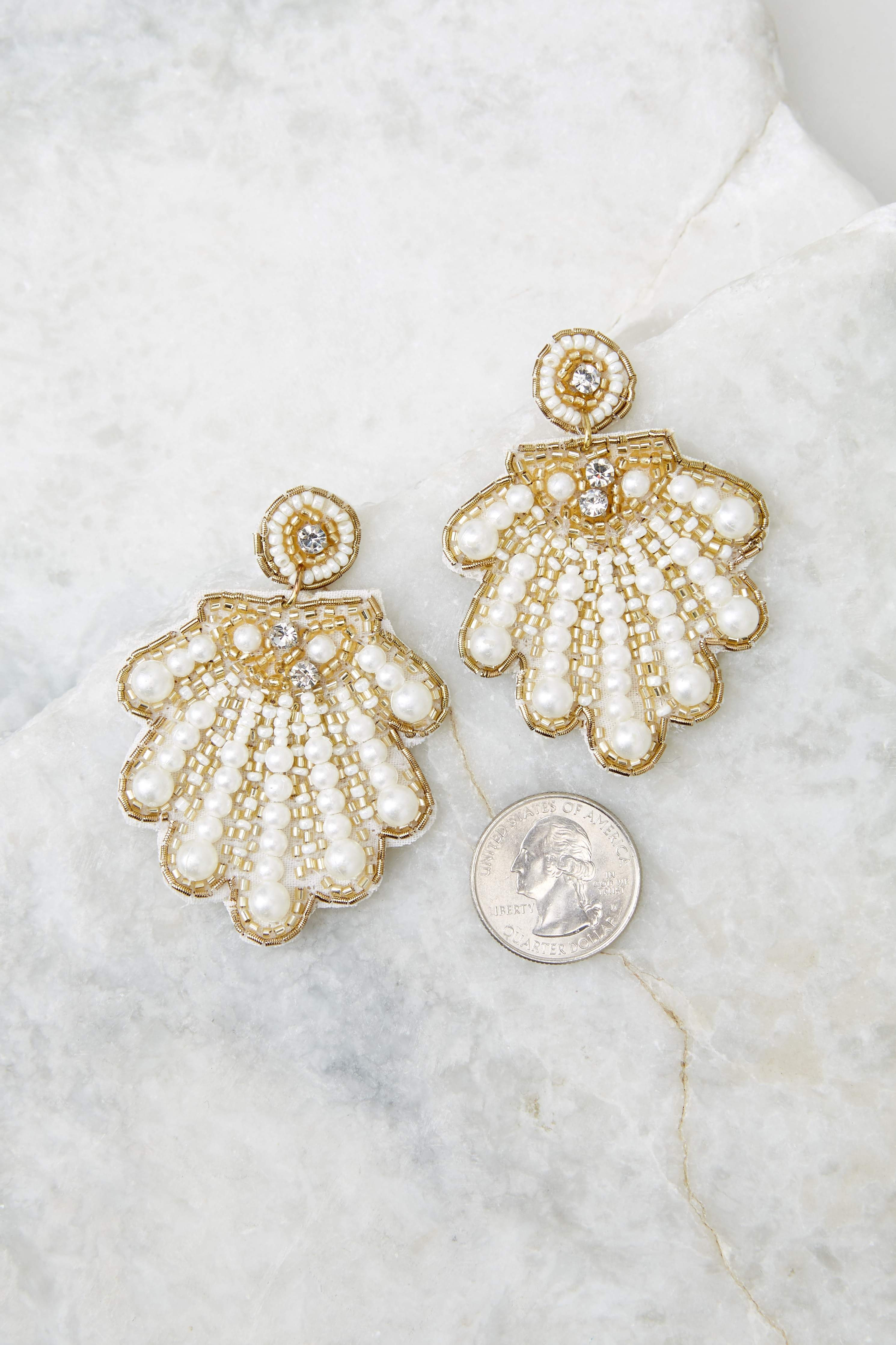 Sea You Around White and Gold Beaded Statement Earrings | Red Dress 