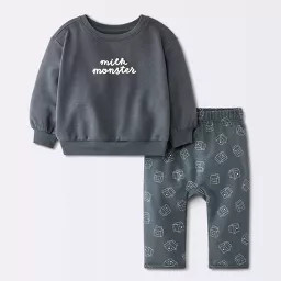 Baby Milk Monster Sweatshirt and Jogger Pants Set - Cloud Island\u2122 Charcoal Gray 0-3M | Target