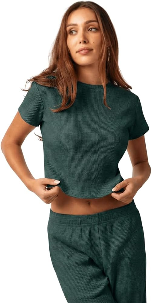 Almere Waffle Knit Lounge Set for Women Baby Tee and Sweatpants | Amazon (US)