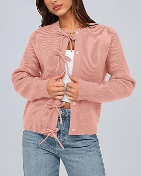 BTFBM Cardigan Sweaters for Women Trendy 2024 Fall Open Front Long Sleeve Button Down Bow Knot Cr... | Amazon (US)