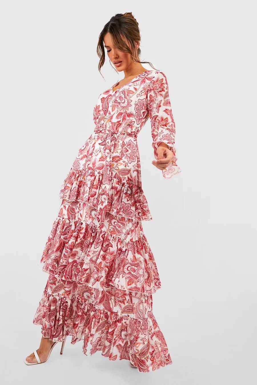 Printed Ruffle Hem Maxi Dress | boohoo (US & Canada)