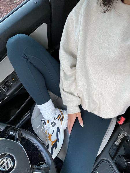 target outfit 

neutral oatmeal color pullover - Los Angeles apparel (size large) 
navy leggings - Lululemon like new 
sneakers - adidas Astirs
White scrunch socks - Los Angeles apparel 