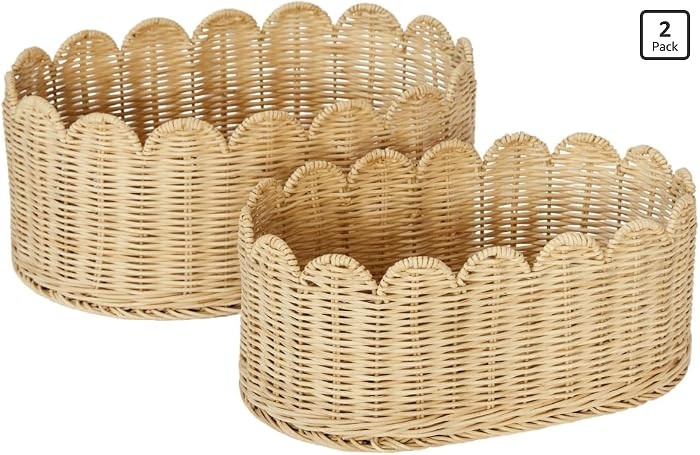 BEBE BASK Scalloped Basket Set Of 2 - Hand Woven Scallop Basket - 16 x 10 x 7 In - Scalloped Wicker Basket - Scalloped Edge Basket - Scalloped Storage Basket (Natural) | Amazon (US)