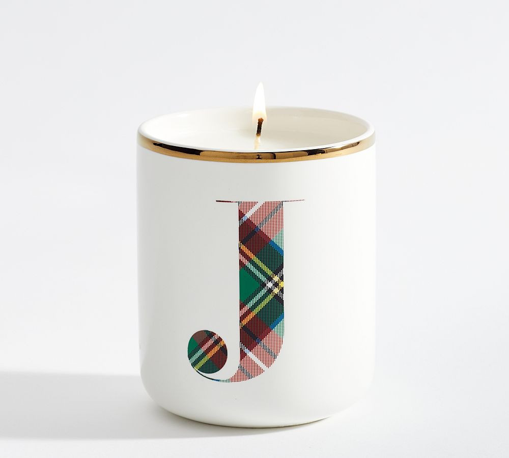 Stewart Plaid Alphabet Scented Candle - Winter Spruce | Pottery Barn (US)