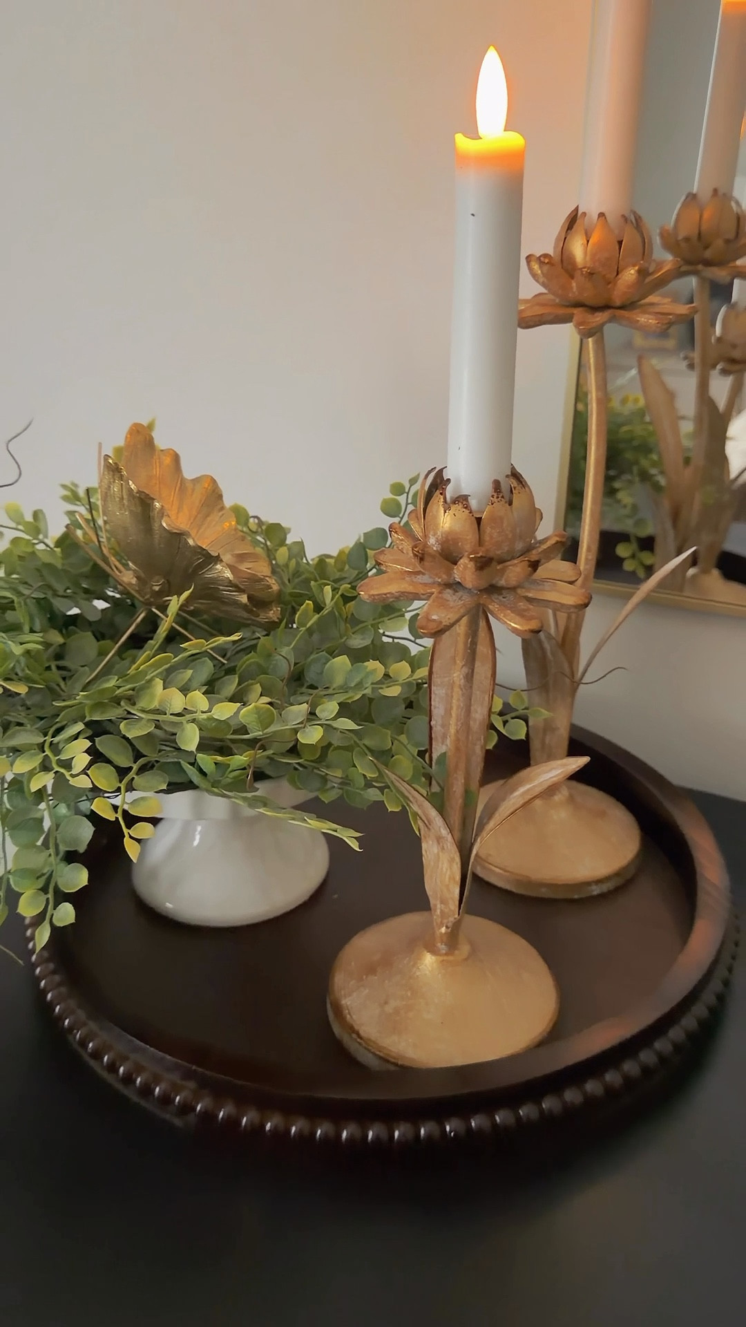 I am obsessed with these candlesticks…they are just so unique and pretty. I set them on a tray, added a little pedestal and a candle ring, and finished it off with a sweet butterfly.